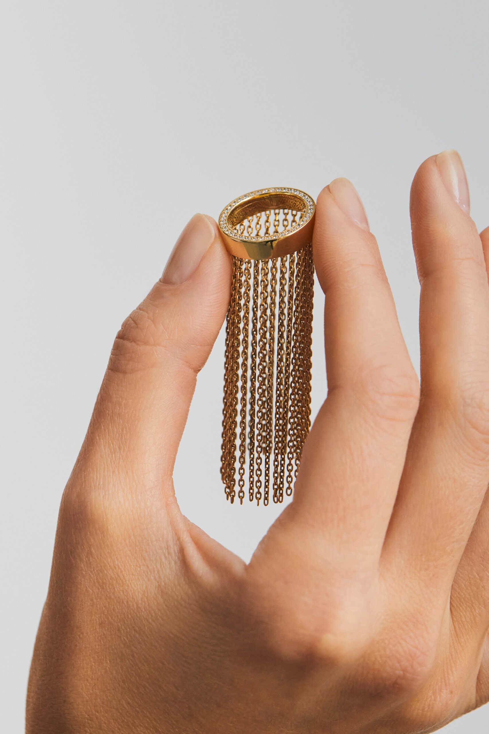 Rings Long Chainfall Ring, diamonds, yellow gold with modern design available now