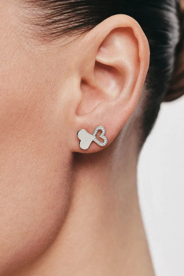 Earrings Duo Heart Earrings with Diamond Outline, white gold with timeless design by Guzema