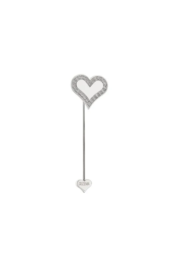 Brooches Heart Stick Pin with Diamond Outline, white gold for a sophisticated look