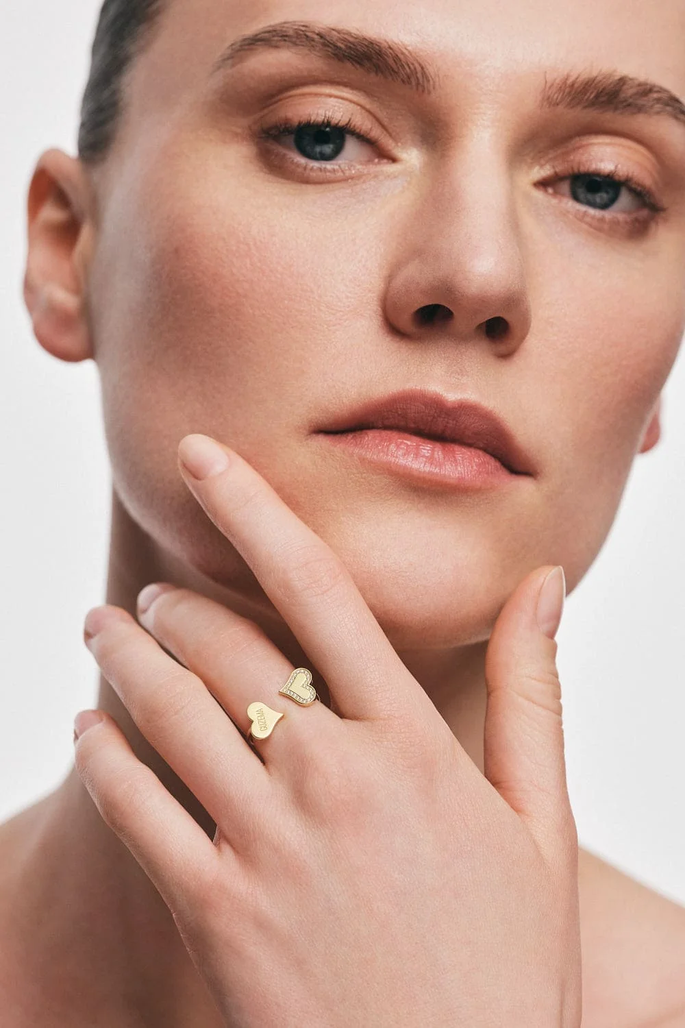 Rings Duo Heart Ring with Diamond Outline, yellow gold with luxury craftsmanship from Guzema